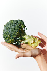 Person holding up a piece of broccoli against a white background, closeup of hand