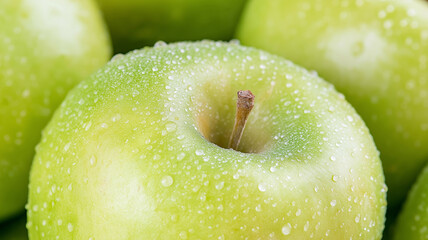 Glistening green apple with water droplets, symbolizing freshness, wellness, and natural purity against clean background