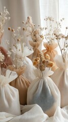 Fototapeta premium Display of dried flower arrangements in natural fabrics.