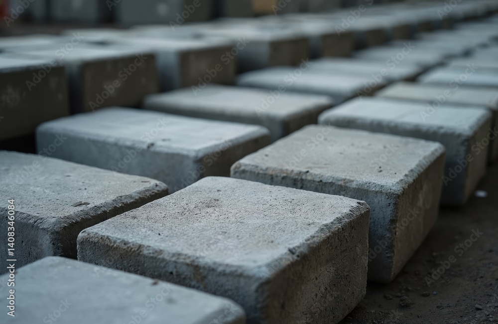 Poster Close-up of concrete blocks arranged. Grey cement bricks aligned creating texture, pattern. Building construction site, material, industrial. Grey stone paving blocks in perspective.