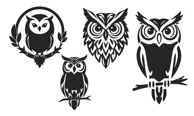 Owl logo set. Detailed drawing, strict look, symbol of wisdom, intelligence, protection, suitable for branding and design. Owl logo, tribal owl, vector owl, owl emblem