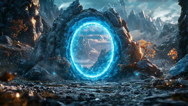 The fantastic blue oval portal inside the rock, shining with light, looks like an interdimensional or alien passage.