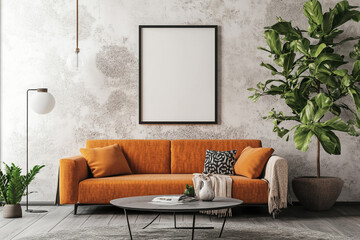 A tranquil living room, bathed in soft light, featuring a burnt orange sofa, complemented by lush greenery and a large blank canvas, creating a space of calm and understated elegance.