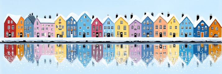 Obraz premium A vibrant row of colorful houses reflected in calm water, creating a stunning symmetrical view. The image evokes a sense of tranquility and charm. 