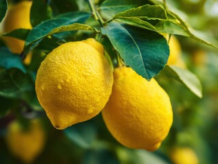 Bright yellow lemons hanging on a tree with green leaves, representing freshness and natural goodness. Ideal for food blogs, healthy recipes, and citrus fruit promotions.