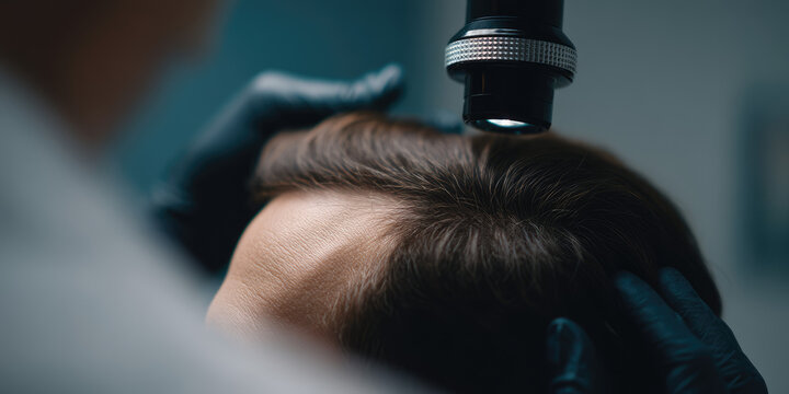 Examined the condition of the scalp and hair follicles with a trichoscope in the medical office of doctor trichologist