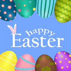 Vibrant greeting card with 3D elements - ornate Easter eggs with patterns on a blue background. Text - Happy Easter. Perfect for holiday banner and greeting.
