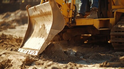 Construction worker guiding a bulldozer to level the ground. Featuring precision and control