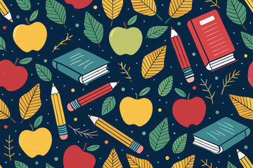 Create a vibrant, school-themed seamless pattern featuring pencils, notebooks, books, and apples.  Include a playful, back-to-school aesthetic.