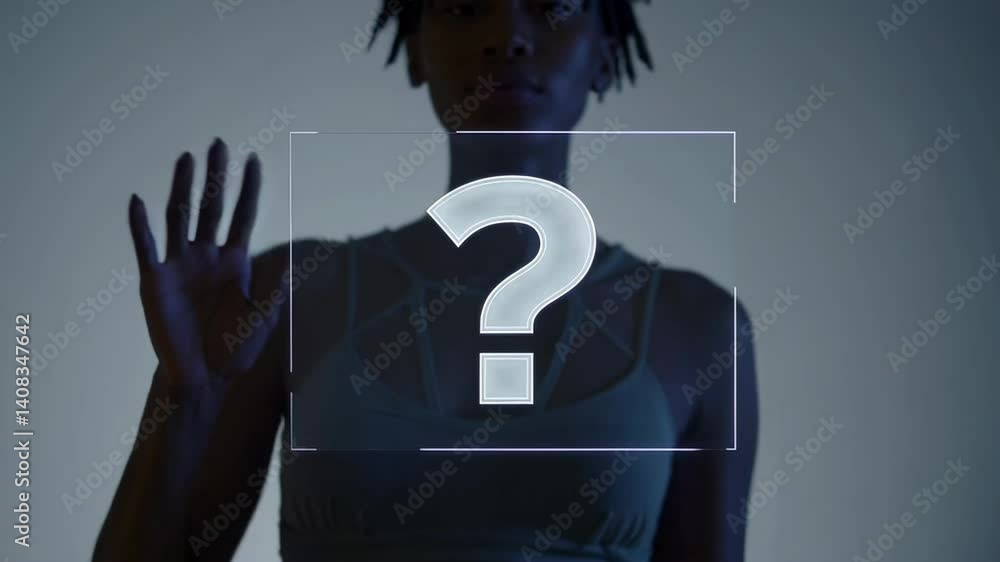 Aufkleber futuristic interface showing a woman interacting with a question mark symbol, symbolizing decision m