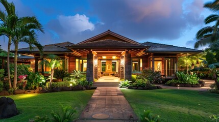 Obraz premium Inviting wooden home exterior at dusk