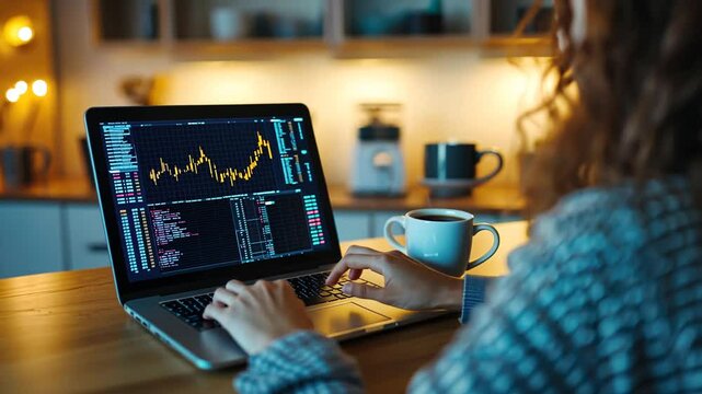 A woman reviews market trends on her laptop while sipping coffee in her kitchen.