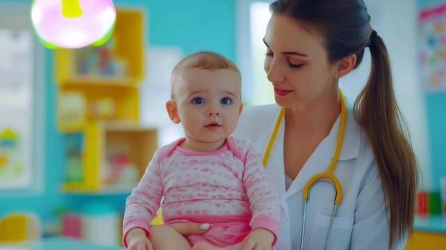 The pediatrician in the office plays with the baby, care, trust and kindness in medicine