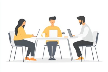 Collaboration among three individuals working at a modern table in an office setting during a productive day