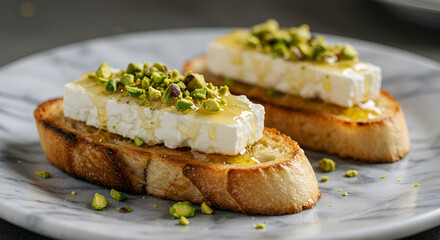 Gourmet Appetizer Featuring Goat Cheese Pistachios And Honey Drizzled On Crostini