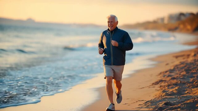 An elderly man runs along the seashore at dawn, active longevity and health