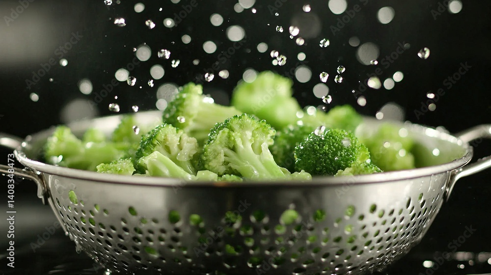 Poster a close-up of broccoli in a colander on a stovetop with water splashed on it