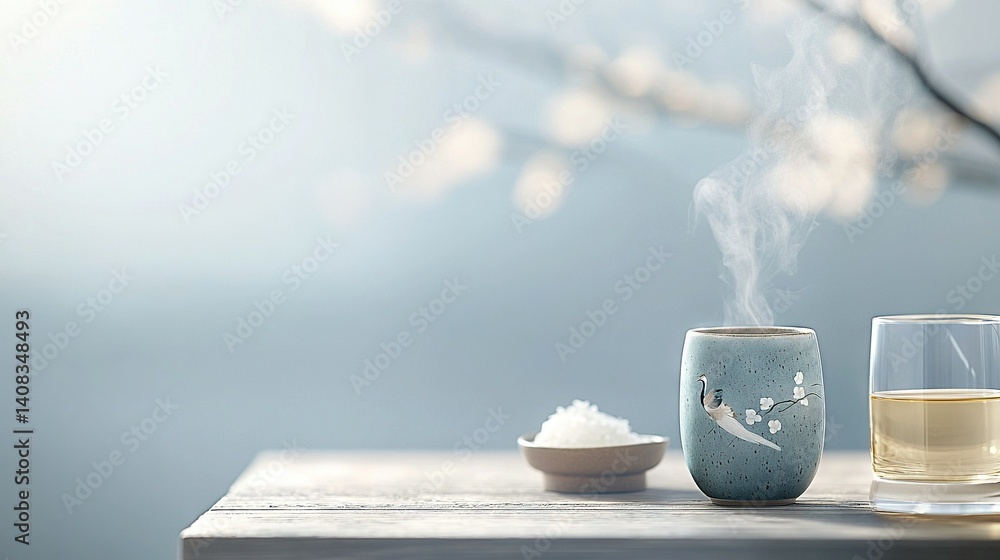 Poster a tea and sugar setup with a branch backdrop