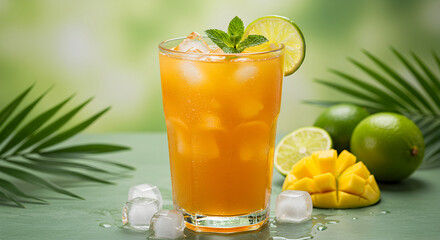 Refreshing Mango Beverage With Lime And Ice Cubes On A Green Surface