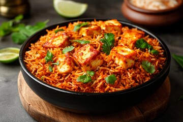 A vibrant dish of spicy rice topped with grilled cheese, garnished with fresh cilantro and served with lime on a wooden platter. The warm lighting creates a cozy atmosphere