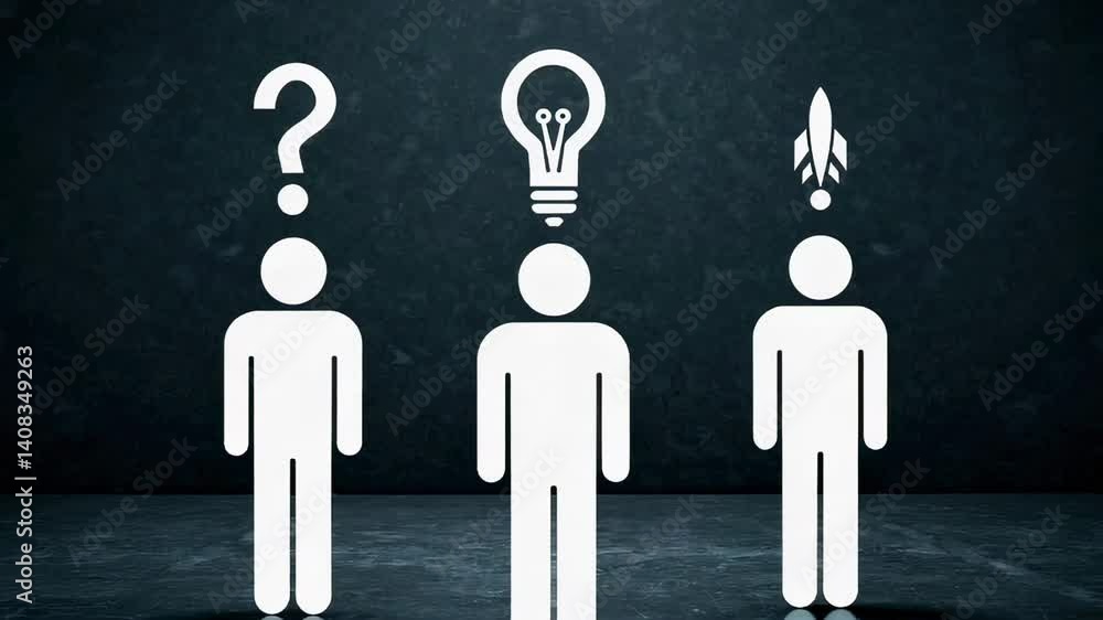 Aufkleber business startup concept representing a question mark, a light bulb, and a rocket launch, symbolizin