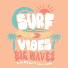 Surf vibes big waves slogan, surfing palm tree abstract print