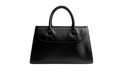 Sleek black leather bag, smooth texture, structured shape, with sturdy handles and minimalistic design isolated on white background or transparent png