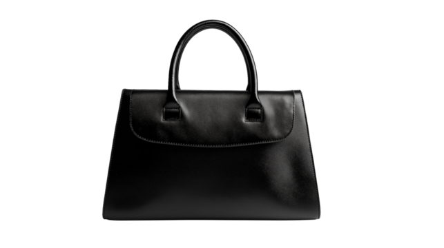Sleek black leather bag, smooth texture, structured shape, with sturdy handles and minimalistic design isolated on white background or transparent png