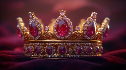 Obraz premium Opulent golden crown with ruby jewels rests on a rich maroon velvet cloth