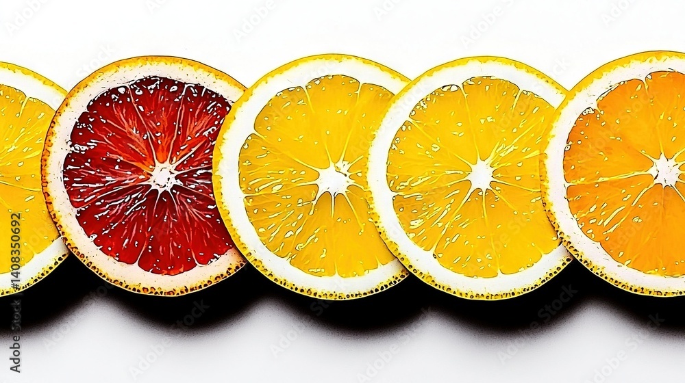Poster sliced oranges arranged in rows on a white table, dripping with water
