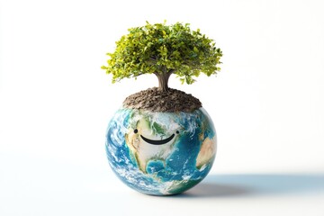 A smiling Earth with a tree on top, symbolizing environmental care and a hopeful future for our planet.