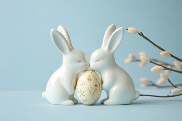Obraz premium Two ceramic bunnies kissing, an Easter egg between them, against a pastel blue background, with willow catkins on the right side.