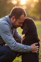 Men embracing emotion a heartfelt moment with dogs in nature enhancing mental health awareness