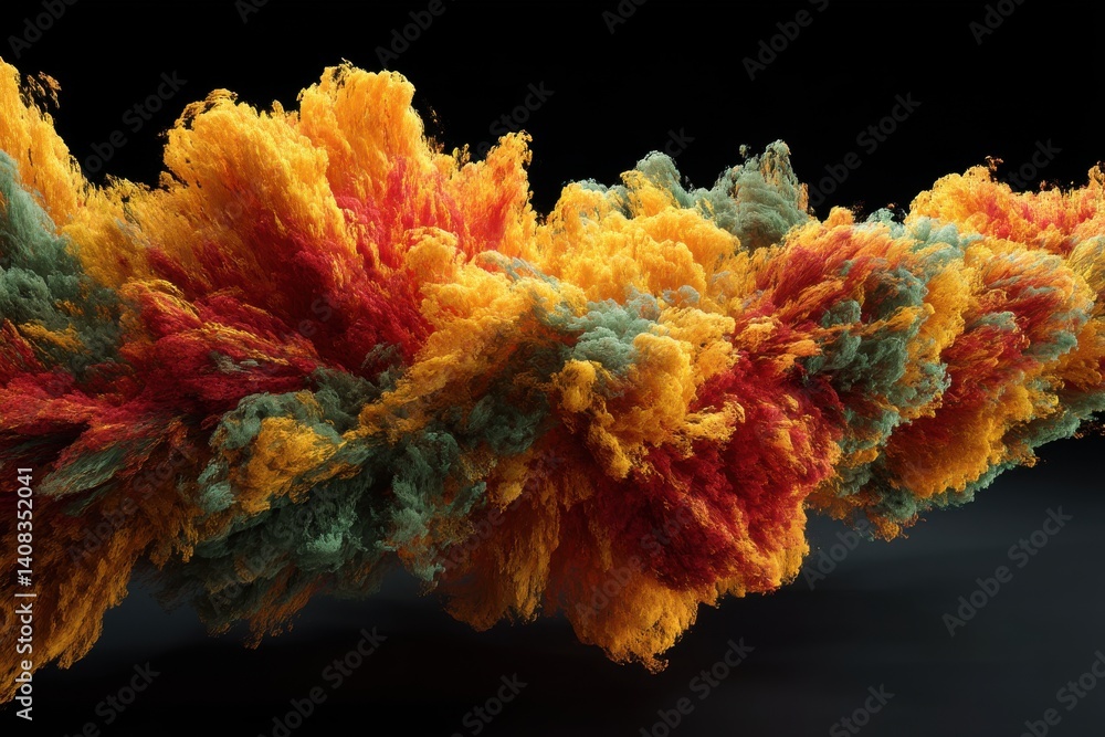 Poster a vibrant cloud of colorful smoke with swirling patterns in red, yellow and green, against a dark, m
