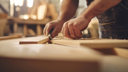 Obraz premium Carpenter building custom cabinets at a construction site. Featuring craftsmanship and focus