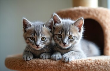 Two cute gray kittens lie on cat furniture, indoor at home. Young tabby cats, adorable pets rest together, enjoying life. Playful animals, fluffy fur, cozy home, baby cats.