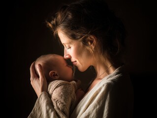Tender mother holding her newborn baby in soft light, representing love, care, and connection. Ideal for parenting blogs, family health, infant care, and maternal wellness.