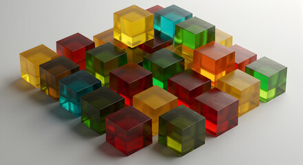 Assorted Translucent Cubes Stacked Creatively on White Backdrop with Artistic Arrangement