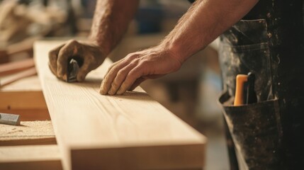 Carpenter constructing a wooden door frame at a construction site. Featuring craftsmanship and focus