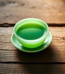 Jade green teacup rests on rustic wooden surface, healthy, elegant, japanese