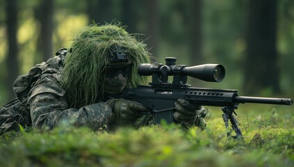 Camouflaged Sniper in Forest Ambush