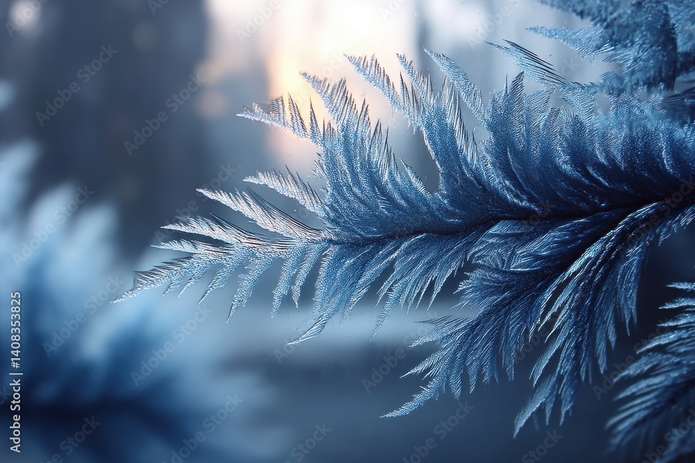 Aufkleber close-up shot of intricate frost patterns resembling feathers on a windowpane, with a soft, blurred 