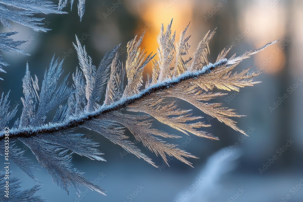 Poster close-up shot of intricate ice patterns on a window, with a blurred background, creating a frosty, w