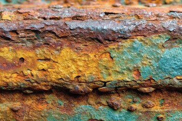 Close-up of rusted metal with layered textures and corrosion, revealing colorful shades of orange, teal, and brown in detailed formations and weathered surfaces.