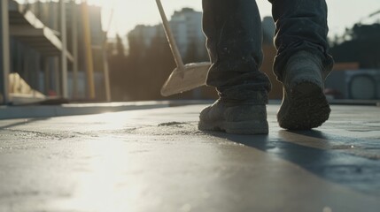 Obraz premium Construction worker smoothing the surface of a freshly poured concrete sidewalk. Featuring attention to detail and technique