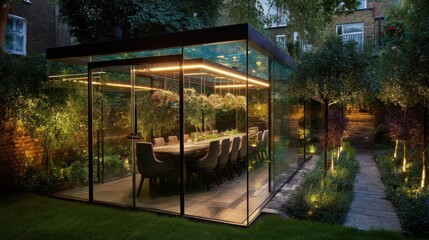 Luxury glass-enclosed dining room in garden
