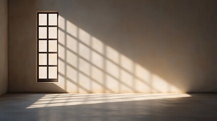 Obraz premium Minimalist Interior Design: Window Light Casting Geometric Shadows on a Cream Wall and Concrete Floor.