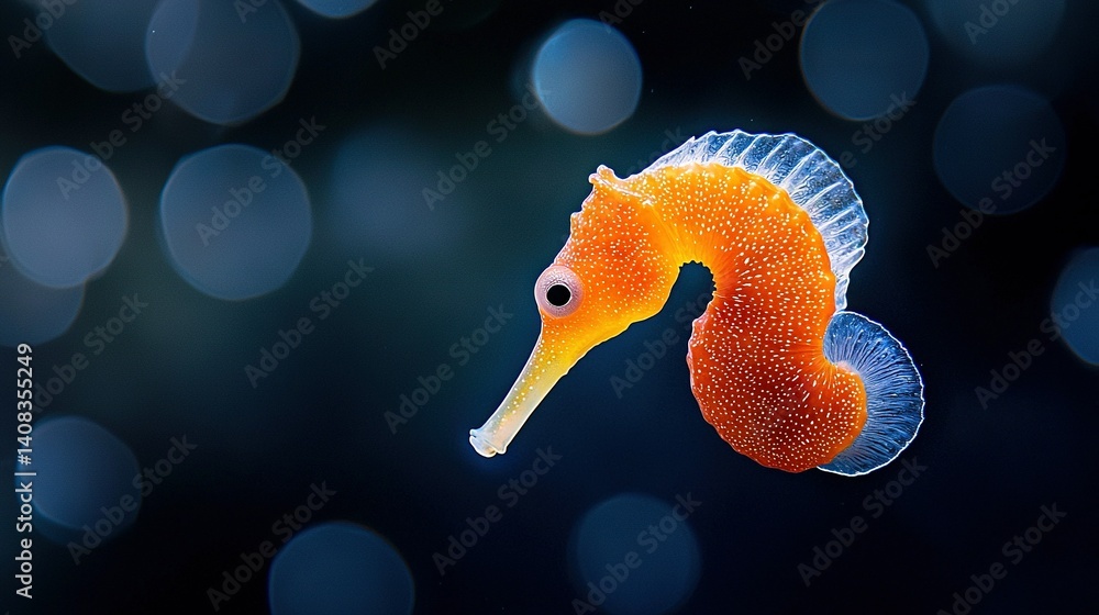 Poster a high-focus image of a sea horse against a dark blue and black backdrop with a slightly hazy circul