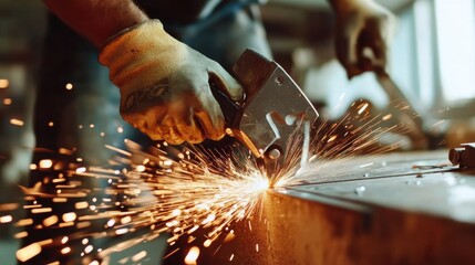 Carpenter cutting metal at a construction site. Featuring focus and craftsmanship