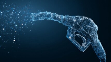 Lowpoly wireframe fuel nozzle with gas drop Isolated on dark blue background Futuristic vector illustration for oil industry